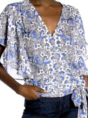 PARKER Silk 'Kory' Floral Flutter Sleeve Wrap Blouse Blue Size S